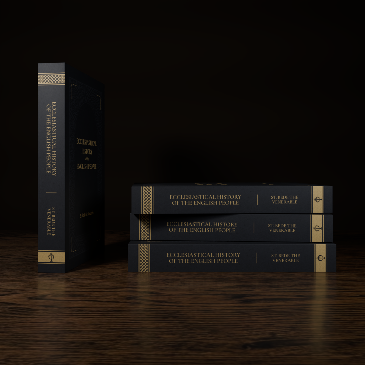 Ecclesiastical History of the English People — hardcover mockup, spine and stacked books